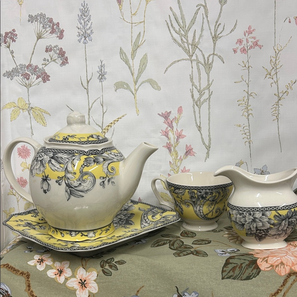 Yellow Floral Porcelain Tea Set - 222 FIFTH Teapot, Creamer & Sugar